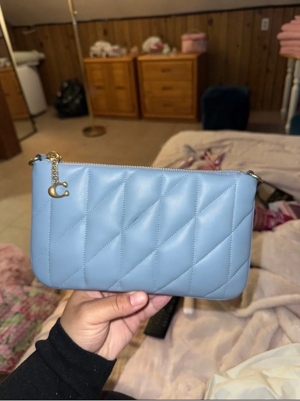 Quilted Light Blue Leather Crossbody Pouch